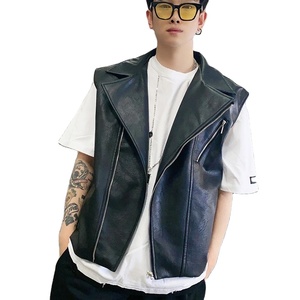 EDGECO New Real Leather High Street <b>Biker</b> Motorcycle Hip Hop <b>Waistcoat</b> Men's Punk Solid Black Sleeveless Loose Eco-Friendly - Product Image 2