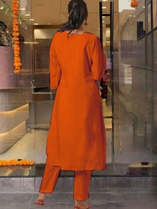 Traje Salwar Kameez tradicional bordado naranja para mujer hecho de tela de seda romana para fiestas todas las estaciones - Product Image 5