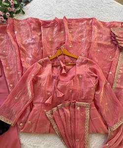 DESIGNER FENDY SATIN SEQUENCE EMBROIDERY WORK GOWN BOTTOM DUPATTA WEDDING WEAR WHOLESALE PRICE ETHNIC GARMENT BABY PINK COTTON - Product Image 2