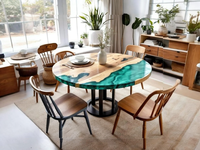 Table de salle à manger en bois d'acacia et résine, fabriquée à la main, finition polie, couleur personnalisable |   Cadeau de Diwali Premium pour la retraite, décoration intérieure