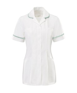 Blouse de laboratoire unisexe blanche à manches courtes avec bordure menthe en toile, tenue de travail hospitalière KATBROS INDUSTRY, thermocollage sans couture - Product Image 1