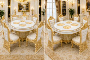 Mesa de Comedor Ovalada de 8 Plazas Tallada a Mano de Primera Calidad con Sillas Tapizadas en Terciopelo, Conjunto de Mesa de Desayuno Estilo Rococó - Product Image 4