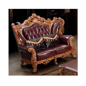 Wooden and Leather Classic and Antique Sofa Hand Carved Tufted Sofa Noble Wood Frame Antique Sofa Set