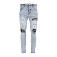 Fabricant de jeans en denim sur mesure, streetwear, hip hop, jeans skinny déchirés et délavés avec patchs en cuir pour hommes