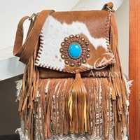 Sac à bandoulière en cuir de vachette suédé de style occidental avec franges, sac à bandoulière bohème de haute qualité pour femmes avec pierre turquoise