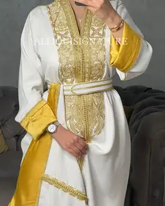 Branco e dourado marroquino cetim Caftan Kaftan vestido árabe com handwork muito bonito para menina mulher muçulmana europeu atacado