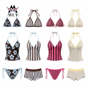 MLY Ensemble de <span class=keywords><strong>bain</strong></span> deux pièces sexy et doux avec caraco à col en V et bretelles spaghetti en dentelle et mini-<span class=keywords><strong>short</strong></span> taille basse - Product Image 2