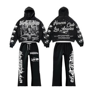 Ensemble pantalon de survêtement évasé à capuche 100% coton pour homme Survêtement personnalisé vieilli avec sweat à capuche zippé et pantalon évasé délavé pour l'hiver - Product Image 5