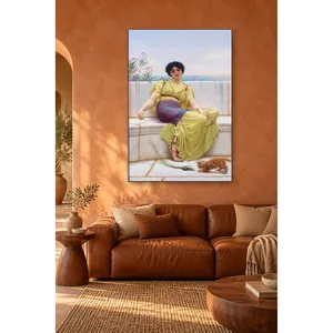 Fida Godward, femme jouant avec un chaton sur un banc en marbre, impression sur toile - Product Image 3