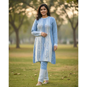 <b>Women's</b> Winter Casual Full Sleeve Long <b>Woolen</b> Fabric 3-PC Vintage Kurti Set in SkyBlue Color - Product Image 1