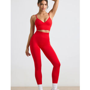 Ensemble de sport 2 pièces pour femme, décontracté, uni, taille haute, haut court et leggings, séchage rapide, respirant, 100% coton, pour la course à pied - Product Image 1