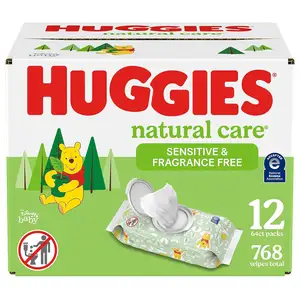 Huggies Natural Care Sensitive Baby Wipes, Unscented, Hypoallergenic, 99% Purified Water, 12 Flip-Top Packs (768 Wipes Total)