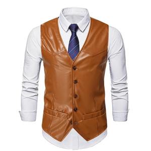 Noir rouge Orange en cuir véritable gilet hommes mince simple boutonnage bureau gilet hommes sans manches Blazer gilet - Product Image 3