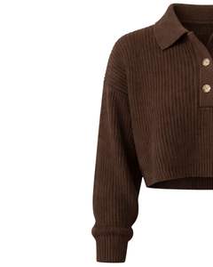 <b>Womens</b> Brown Ribbed Knit Cropped Polo Sweater With Button Placket Long Sleeve Soft Winter Fashion <b>Top</b> For <b>Women</b> Casual Wear <b>Warm</b> - Product Image 3