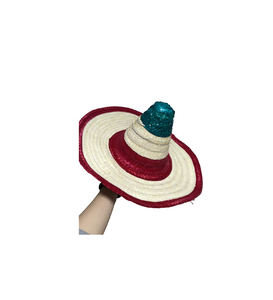 Chapeau de cowboy mexicain fait main et brodé à la main avec pompon, en jonc de mer tressé rayé coloré, unisexe, pour fête - Product Image 1