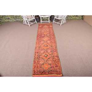 2.4x10.4 ft <b>Runner</b> Vintage <b>Rug</b>, Turkish <b>Rug</b>, Orange Black Animal Print Wool <b>Rug</b> - Product Image 1