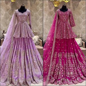 Trình bày bên mặc Faux georgette nặng chuỗi thêu làm việc hàng đầu và lehenga với ren biên giới nặng Net dupatta - Product Image 2
