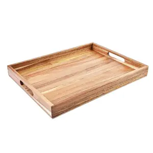 Acacia Wood Decorative Tray With Handles For Bed Breakfast Dinner Coffee Table Barbecue Party