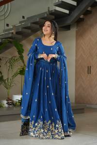 Últimas mujeres boda desgaste Chinnon Material con bordado Zari lentejuelas trabajo Anarkali vestidos de manga larga con borde de encaje Dupatta - Product Image 5