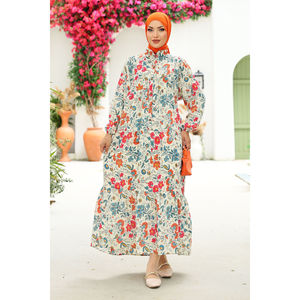 Robe Hijab Rose en Mousseline de Soie de Haute Qualité, Imprimé Floral Semi-Boutonné, Taille Empire, Simple, Élégante et Modeste, Idéale pour les Fêtes, en Soie - Product Image 3