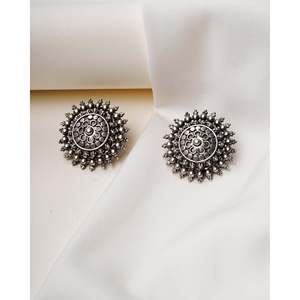 Swadeshi Pitara 925 <b>Silver</b> Ancient Dhal Inspired <b>Stud</b> <b>Earrings</b> with Diamond Vintage Flower Pattern Trendy 3.8cm - Product Image 2