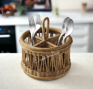 Organizador de cubiertos de mimbre Popular, herramientas de cocina tejidas a mano, encimera de almacenamiento, mesa de cocina, soporte para cubiertos con asa - Product Image 1