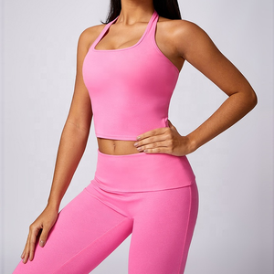 Ensemble de leggings de yoga en coton pour femmes, rose vif, doux, 2 pièces, pour la salle de sport - Product Image 2