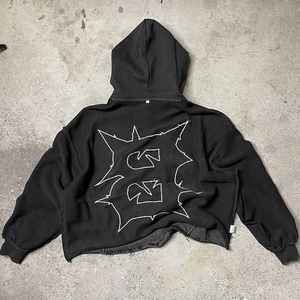 เสื้อฮู้ดดี้ผ้าฝ้ายเฟรนช์เทอร์รี่ 100% สไตล์สตรีทแวร์ สำหรับฤดูหนาว ระบายอากาศได้ดี ล้างสีแบบแอซิดวอช ไซส์ XS ปักลาย ตัดต่อแบบครอป ดีไซน์ดิสเทรส - Product Image 2
