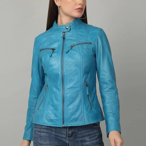 Women's Blue PU Leather Moto Jacket Stand Collar Zipper Closure Slim Fit Regular Sleeve Autumn Style Solid Color - Product Image 3