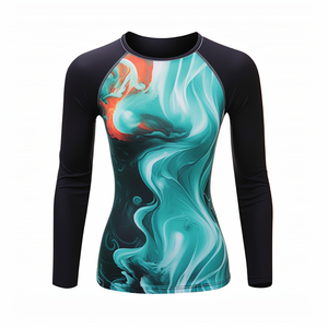 Chemise de compression à manches longues pour femme, impression par sublimation, écologique, séchage rapide, polyester/nylon, design turquoise et orange - Product Image 5