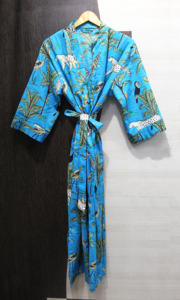 Bata de Baño Tipo Kimono con Estampado Animal Turquesa, 100% Algodón, Cuello en V, Transpirable, para Mujer, Ropa de Dormir para Primavera y Otoño - Product Image 2