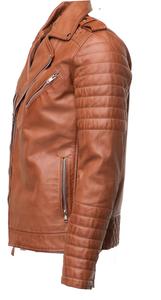 Veste en cuir de motard tan pour hommes avec fermeture à glissière Style hiver décontracté fini - Product Image 2