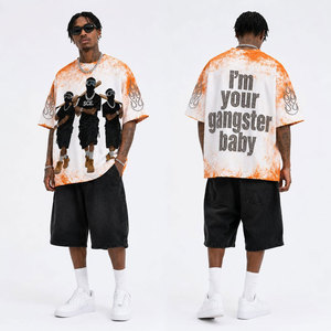 Camiseta Extra Grande para Hombre con Estampado de Personajes, Estilo Urbano Tie-Dye Naranja, Camiseta de Manga Corta con Cuello Redondo de Algodón - Product Image 4