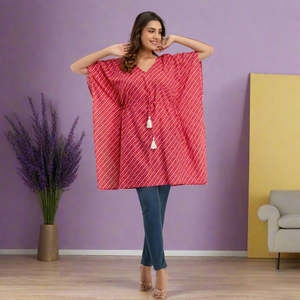 Free Size Pink Leheriya Print Cotton <b>Kaftan</b> Dress Elegant Hippie Style for Summer <b>Beach</b> Day ODM Supply-SHKUP1225 - Product Image 1
