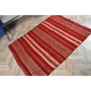 Turkish Vintage Rug 3.9x5.3 ft, Kilim <b>Red</b> Ombr <b>Wool</b> Rug - Product Image 4
