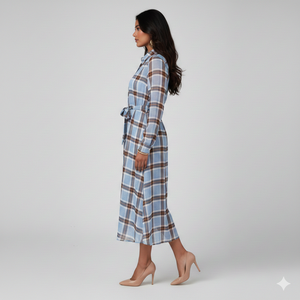 Robe chemise en tissu doux à carreaux de luxe pour femmes Unity avec ceinture à nouer à la taille - Product Image 3