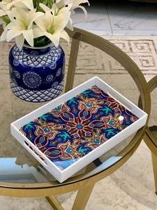 Plateaux de service en bois MDF colorés de luxe, rectangulaires, à motifs géométriques, laqués, avec poignées, pour la maison, la cuisine et le café - Product Image 5