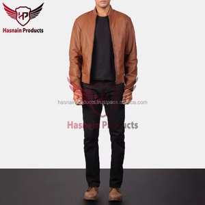 <b>Mens</b> Real Tan <b>Leather</b> Bomber <b>Jacket</b> Ribbed Collar Zipper Side Pockets Sheepskin Cognac Flight Coat Custom Brown Winter Outerwear - Product Image 2