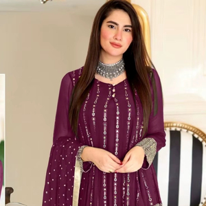 Traje Tradicional Pakistaní Semisentado para Mujer, de Georgette Pesado con Bordado, de Secado Rápido, para Fiestas, de la Marca Dhwaja Export - Product Image 1