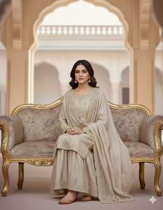 Conjunto de Salwar Kameez de Seda con Bordado Beige para Mujer, Incluye Dupatta, Ropa India y Pakistaní Estilo Bollywood - Product Image 1