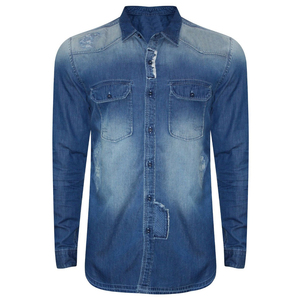 Chemises pour hommes Chemises à manches courtes avec logo personnalisé Chemise en jean décontractée OEM de couleur unie à double boutonnage pour hommes et femmes - Product Image 1