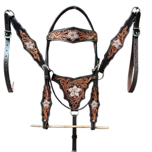 Juego de arnés de cuero occidental para caballo con triángulo floral de tres tonos, cabezada y pechera, tallas completo/mediano, personalizado para espectáculos - Product Image 2