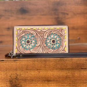 Nueva Cartera de cuero tallada a mano, funda de teléfono de embrague, carteras elegantes multiusos, Cartera de Color turquesa para mujer - Product Image 2