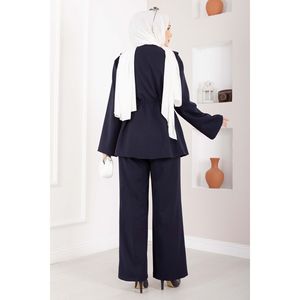Conjunto de Traje de Dos Piezas Estilo Británico Azul Marino para Mujer con Cinturón Abotonado - Product Image 5