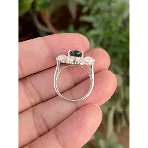 925 Silver London Blue Topaz <b>Moonstone</b> <b>Ring</b> Geometric Marquise Design Rhodium Plating for Everyday Wear IGI Certified Gemstone - Product Image 5