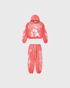 Fabricantes de algodón estampado gráfico pulóver con capucha y pantalones de chándal Sun Faded ácido lavado pesado chándal con cordón - Product Image 1