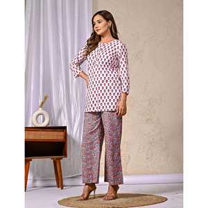 Ensemble coordonné en coton blanc pour femmes, haut à manches trois-quarts imprimé Butti avec boutons, tenue assortie deux pièces pour l'été - Product Image 5