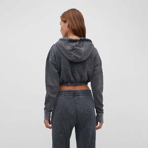Women Polyester/Cotton Terry Acid Wash <b>Oversized</b> <b>Fleece</b> Cropped Custom Distressed Winter Front <b>Hoodie</b> - Product Image 2