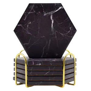 Black Polished Hexagonal Shape Marble Coasters Personalized Wholesale Good Quality Mats White Marble Color Stone Coaster