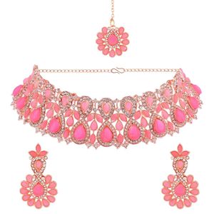 Conjunto de collar y gargantilla de cristal chapado en oro, joyería tradicional india étnica, color rosa - Product Image 1